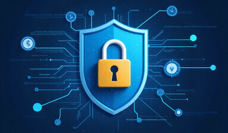 Data privacy and security illustration, shield, locked data, digital protection